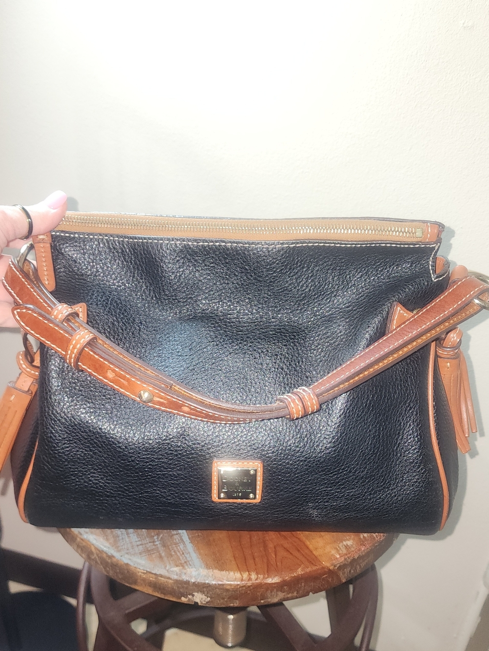 Dooney & Bourke Black Tan Pebbled Leather Flourentine Satchel Shoulder Bag - Picture 16 of 16